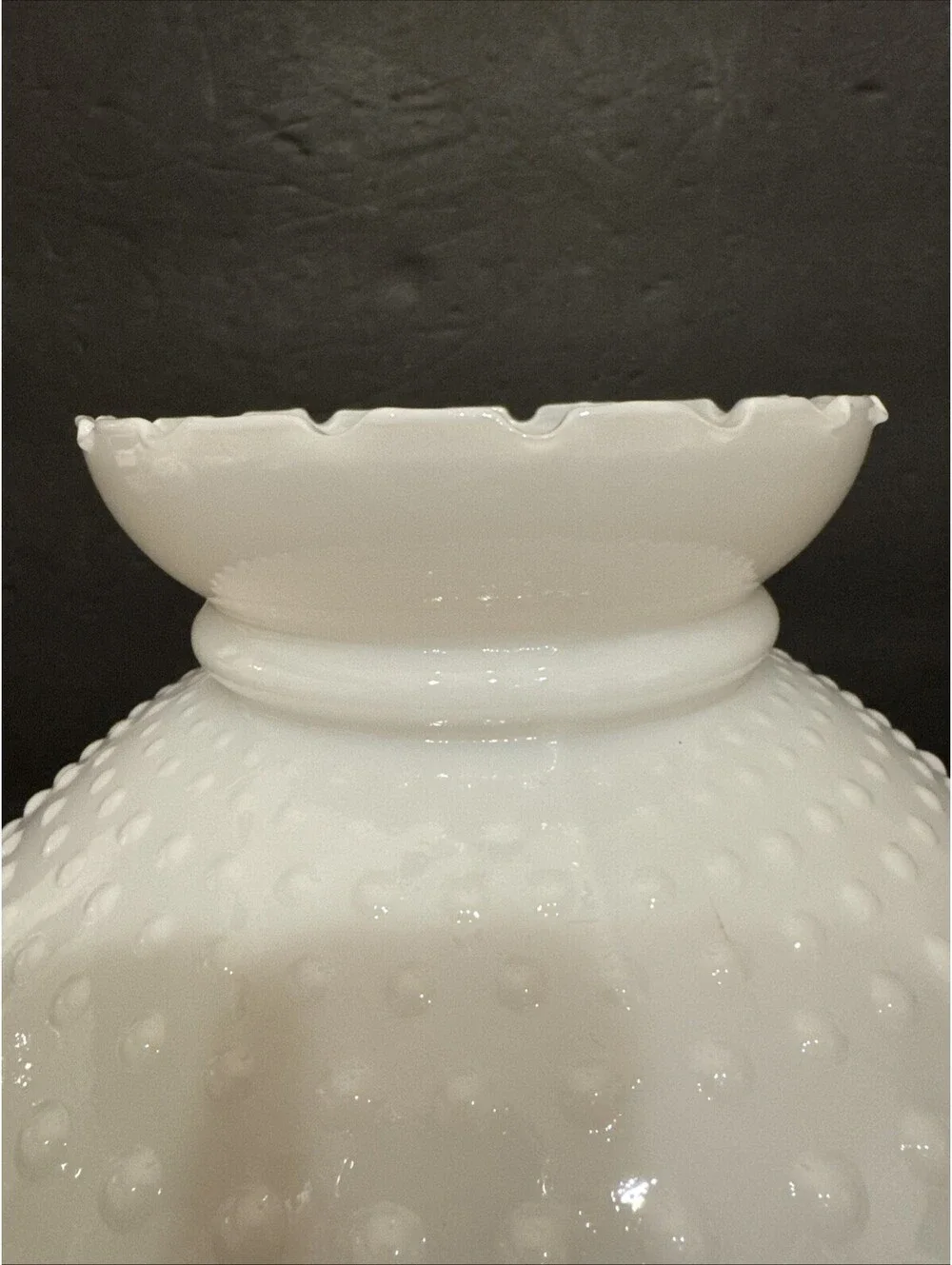 White Milk Glass Hobnail Student Lamp Shade Ruffled Edge 6 7/8” Fitter Hurricane